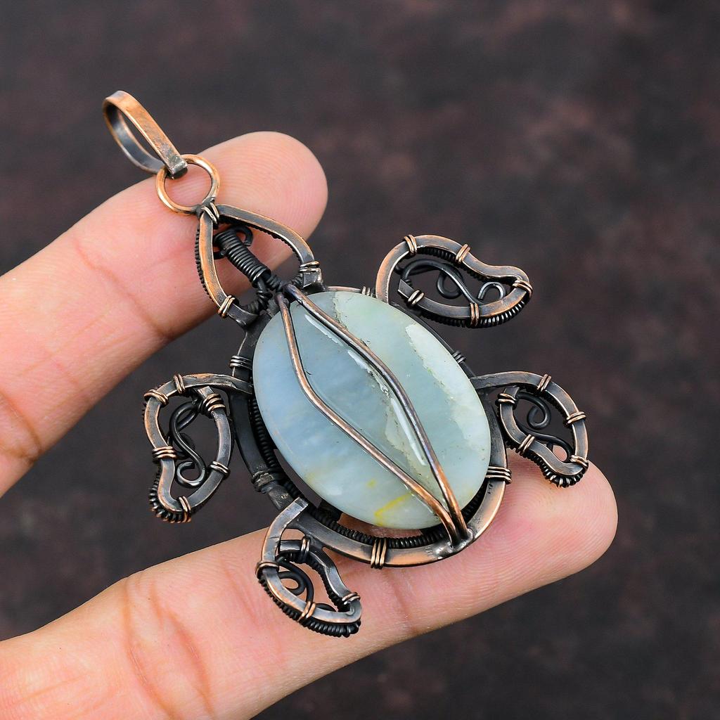 Аквамариновый кулон, медная проволока, кулон, кулон с драгоценным камнем, черепаха, медные украшения, кулон ручной работы, проволочная пленка, ювелирный подарок для друга