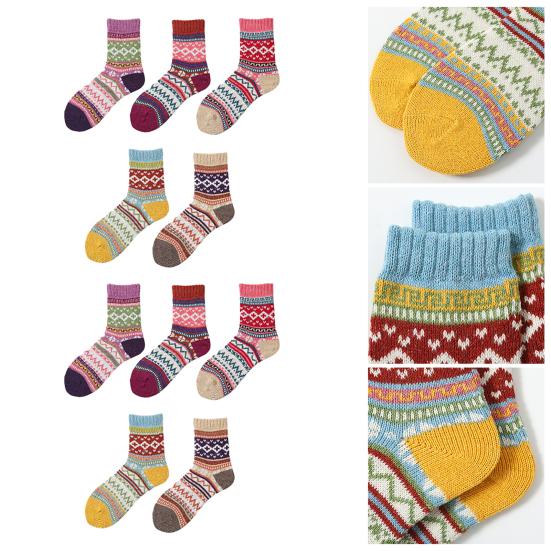 5 Pairs Winter Warm Crew Socks for Women Thick Mid-Calf Knitted Socks Retro Ethnic Style Socks for Christmas Gifts