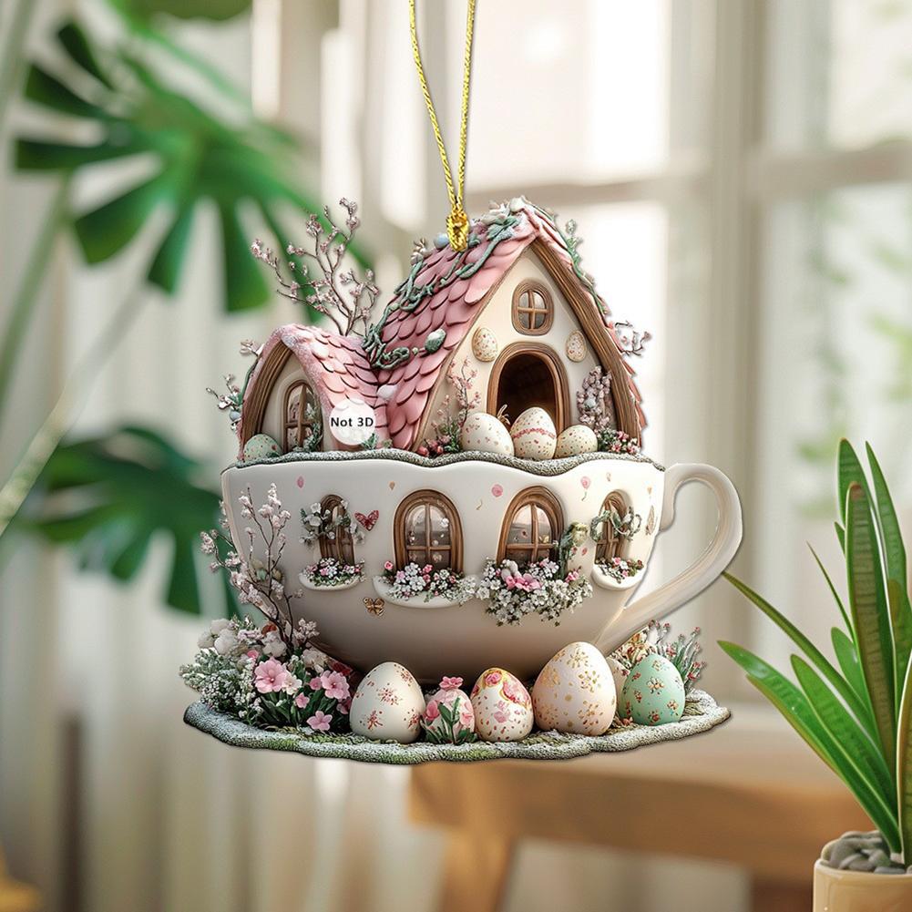 10 шт. Пасхальный кролик, яйцо, домик, кофейная кружка, подвесное украшение, акриловый 2D плоский набор декоративных подвесок для кофейной чашки для пасхальной вечеринки 2025 года