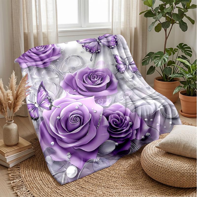 Purple Heart with Blue Butterflies Theme blanket Lightweight Warm Flannel Blanket Decorative Throw Blanket for Home Decoration