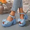 Fashion 2025 Summer Women's Fashion Sandals Platform Bow Tie Buckle Strap Dress Sandals Chunky High Heel Shoes Blue Denim Outwear Shoes