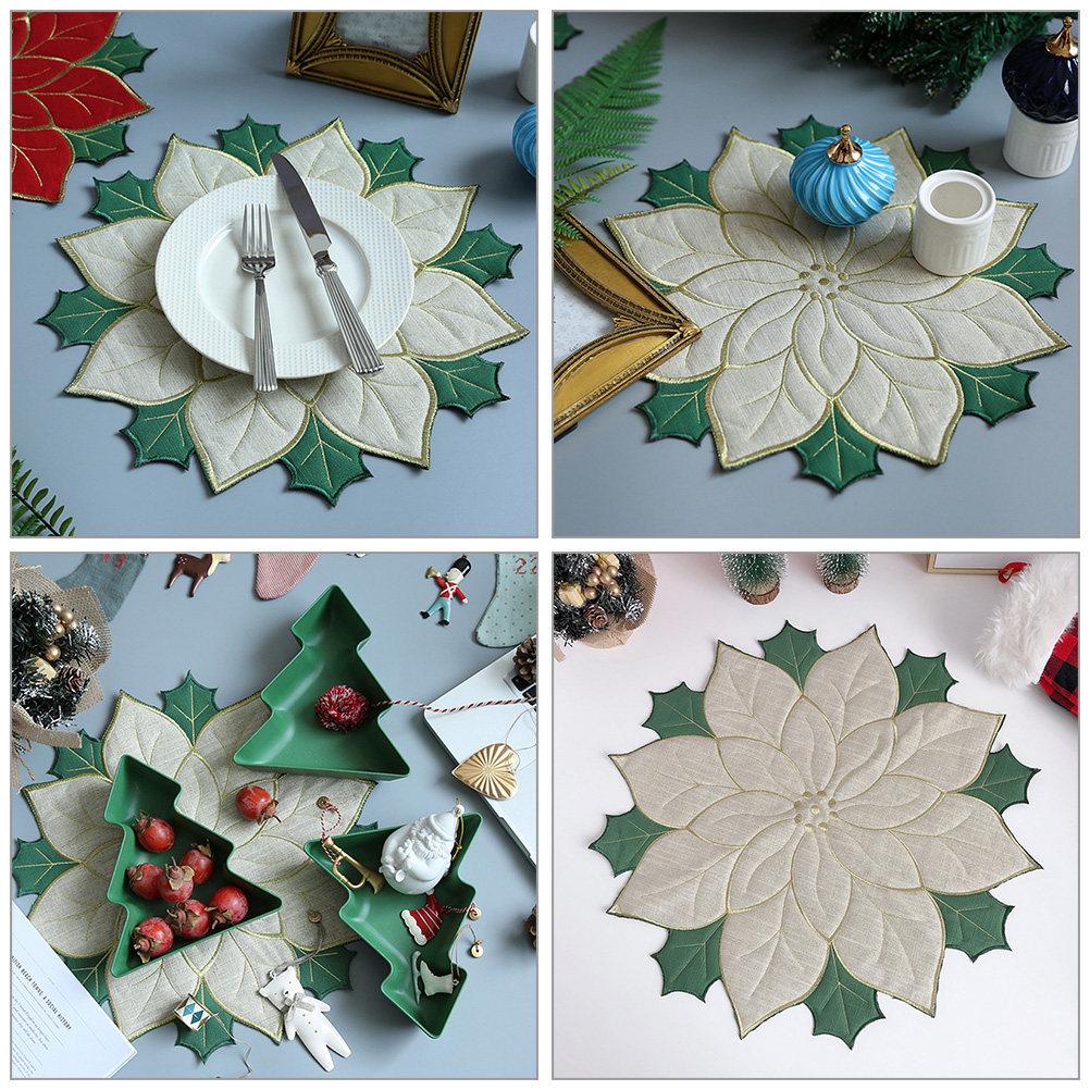 4Pcs Reusable Placemats Christmas Poinsettia Embroidery Insulated Table Mat Set Decorative Dinning Plate Mats for Home Holiday