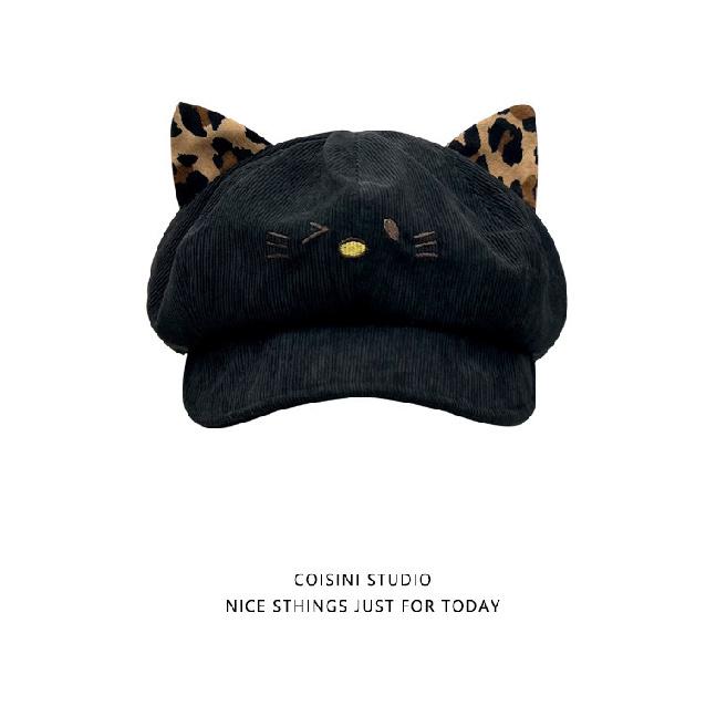 Cat ear corduroy octagonal hat for women, warm and versatile, makes the face look smaller