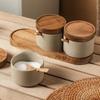 Japanese Retro Ceramic Spice Jar Set - 3-Piece Salt Shaker and Seasoning Bottle with Tray