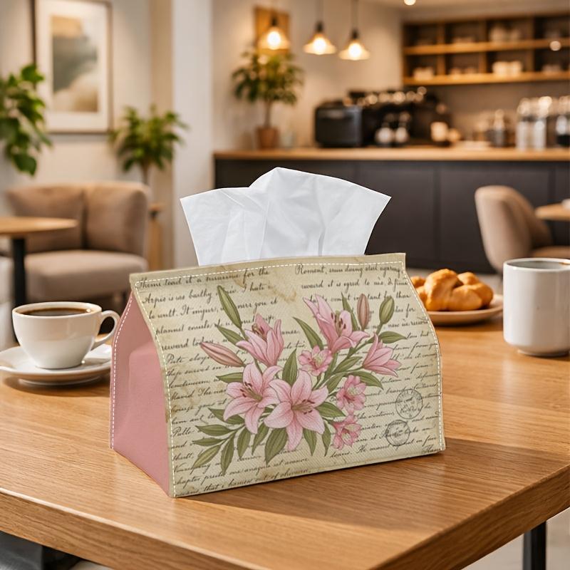 1pc Vintage Botanical Script Tissue Box - Lily Floral Document Napkin Storage Box, Suitable for Rolls/facial Tissues/single Sheets, Multi-functional S