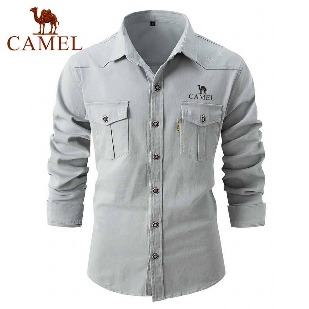 Camel Spring and Autumn New Embroidered European Size Shirt Men's Washed Elastic Pure Cotton Leisure Fashion Business Men's Long Sleeved Shirt