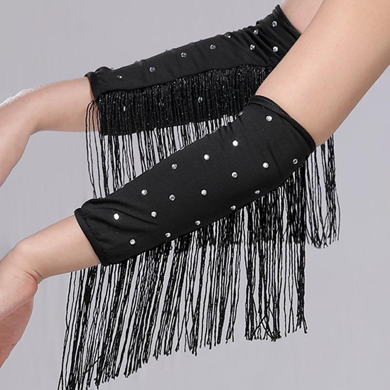 Women Latin Dance Stage Outfit Fringed Sleeves Shiny Rhinestone High Elastic Slim Fit for Dance Performance Competition Party Events