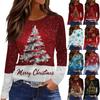 Women's Fashion Casual Slit Hem Round Neck Long Sleeve Loose Christmas Printed T-Shirt Ladies Top