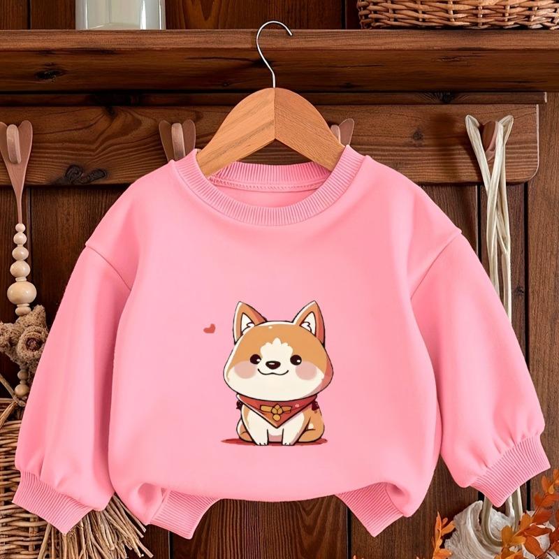 Kids Crewneck Sweatshirt, Cartoon Shiba Inu Graphic Print, Spring Autumn Casual Tops