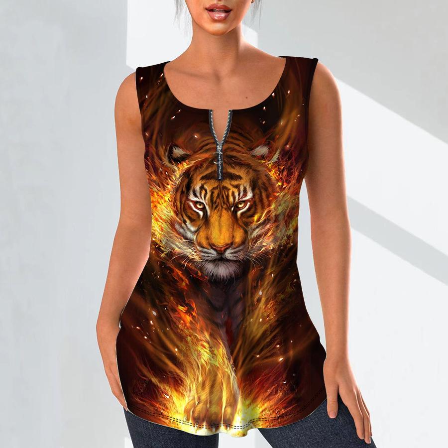 Women's Fashion V Neck Shirts Casual Tops T-shirt Ladies 3D A Mighty Tiger Print Vest Plus Size Sleeveless Blouse Tank Tops
