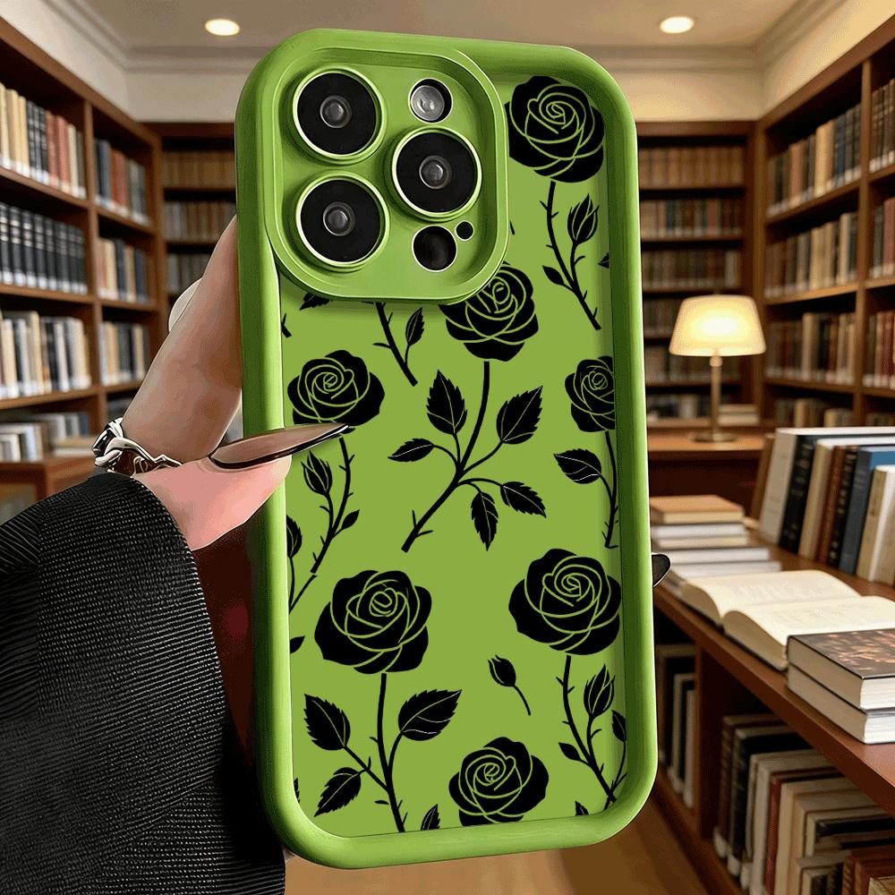 Black Rose Pattern Soft TPU Phone Case for iPhone 17 16 15 14 13 12 11 Pro Max Plus Shockproof Anti-Slip Cover
