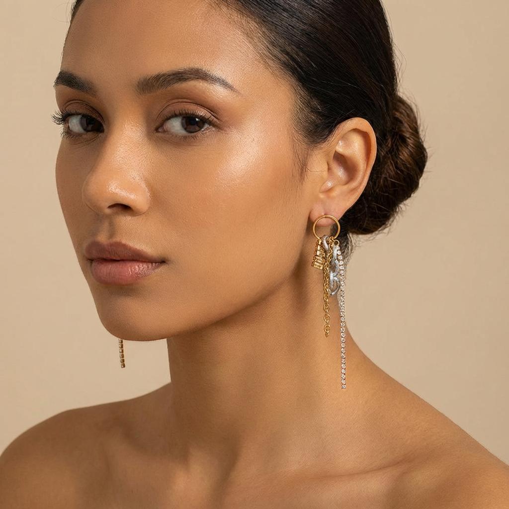 Stainless Steel Hiphop Chunky Tassels Earrings Multi Chain Dangle Small Circle Ear Hoop with Sparkle Zircon Mix Statement Jewelr