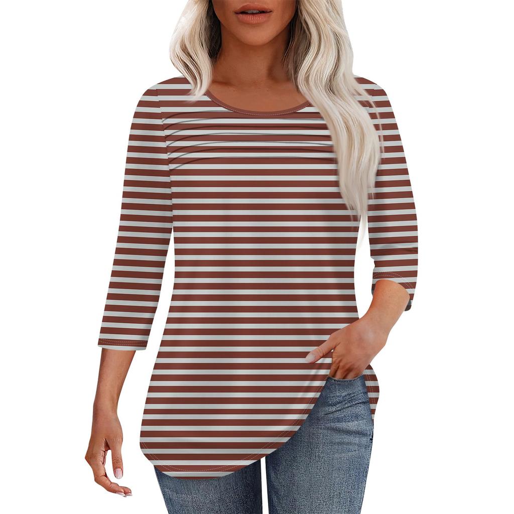 Женская мода круглый вырез шея плиссированная передняя планка с принтом рукав 3/4 топ