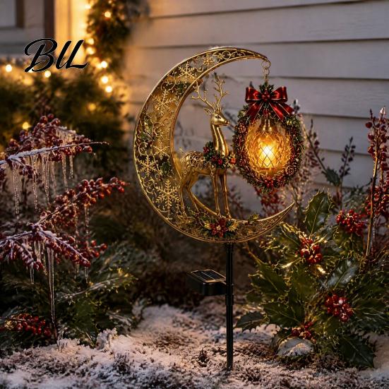 Warm Amber Garden Lamps Solar Christmas Crescent Light, Moon Snowman Stake Waterproof Powered Decor LED Pathway Lamp for Outdoor Yard Lawn Patio