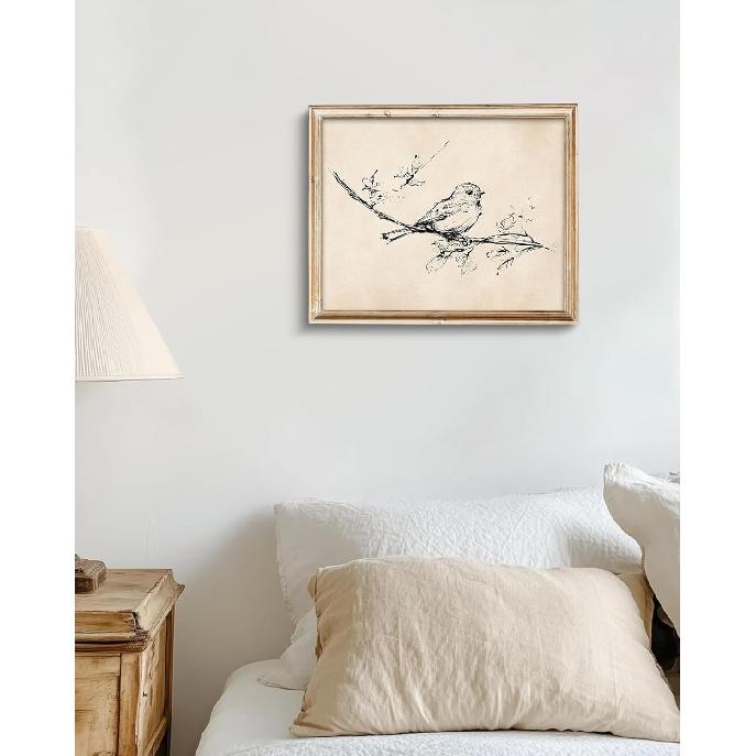 Vintage Bird on Tree Branch Sketch Wall Art Decor Minimalist Drawing Canvas Prints Wall Decor Neutral Line Art Farmhouse Style Wall Decor for Gallery