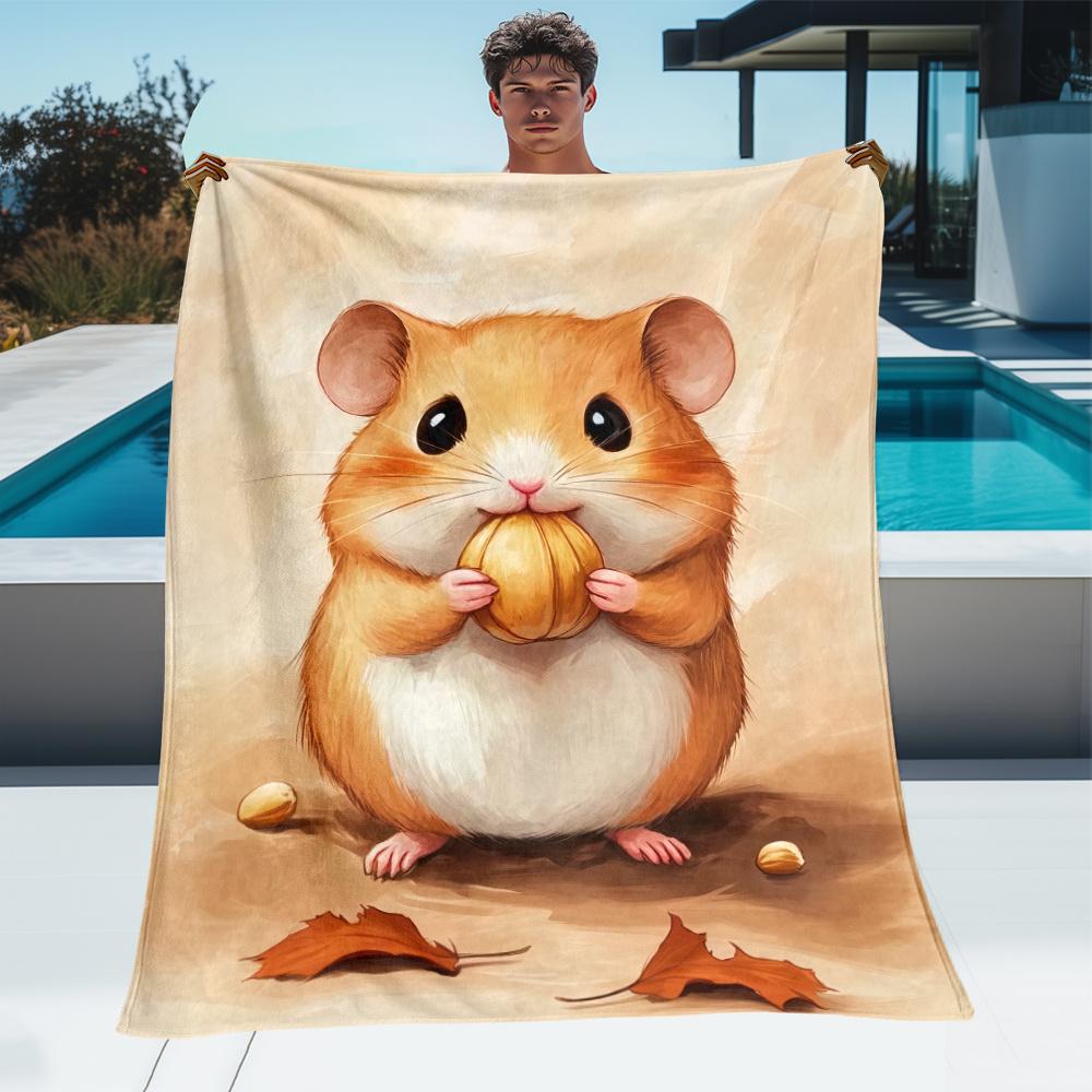 Cute Hamster Holding Nut Autumn Leaves Fleece Blanket Soft Flannel Throw Animal Art Print Gift for Kids Home Decor Cozy Warm
