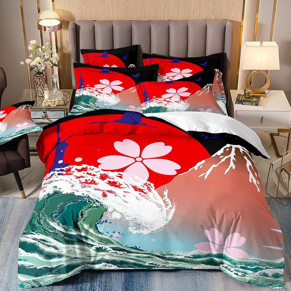 3D Three-Piece Ukiyo-E Painting Wave Flower Quilt Cover Digital Printing Bedding