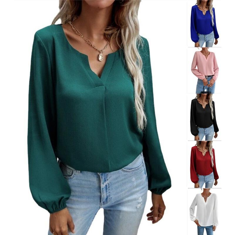Весна Осень Свободный крой Пуловер Шифон Блузки и рубашки Женщины Однотонный Длинный Рукав Базовая Рубашка