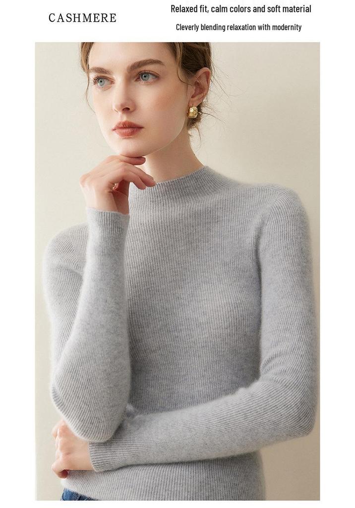 Women's Slim Fit Pure Cashmere Sweater, Half-High Neck, Soft Knit, Solid Color, 2026 Autumn/Winter Collection.