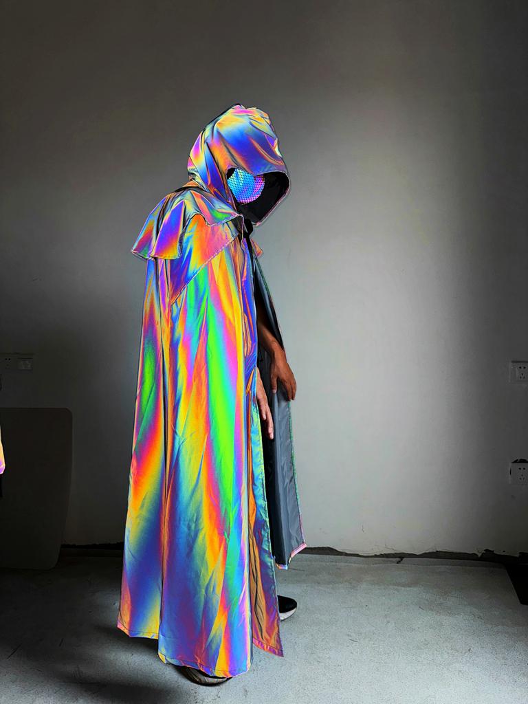 2025 Яркий Светоотражающий Плащ с Капюшоном Техwear Стиль Хип-Хоп Тренч Костюм для Косплея на Хэллоуин Отражает Свет Длинная Накидка