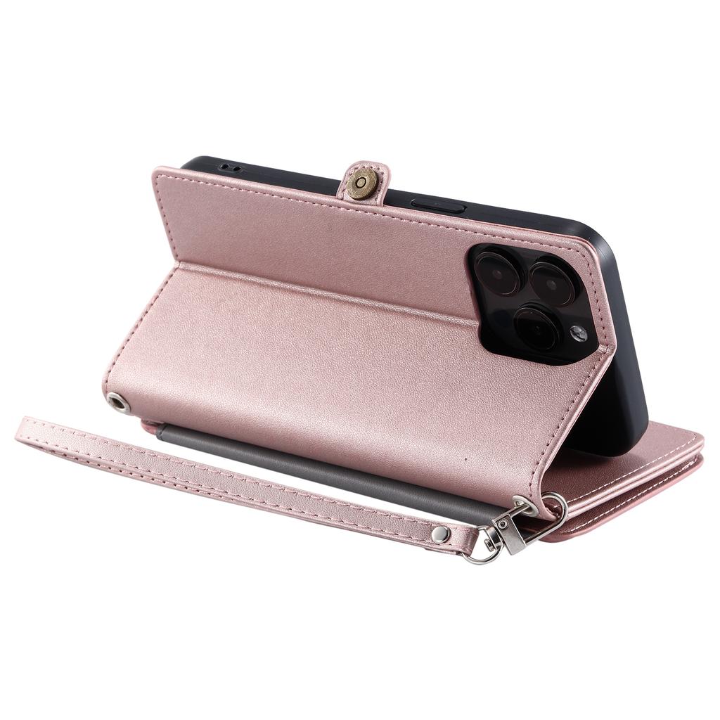 015 Style For iPhone 15 Pro Stand Case Leather Zipper Pocket Phone Cover with Strap