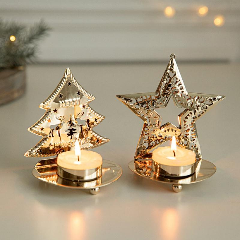 1pcChristmas Tree Candle Holder Gold Iron Snowflake Elk Candle Stand Ornament Christmas Decoration Vintage Tray Decorative Suppl