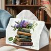 2D Flat 1pc, Tissue Box. Stack of Books and Flowers Patterned Napkin Dispenser, Reusable, Daily Desktop Tissue Storage Box. Suitable for Kitchen, Livi
