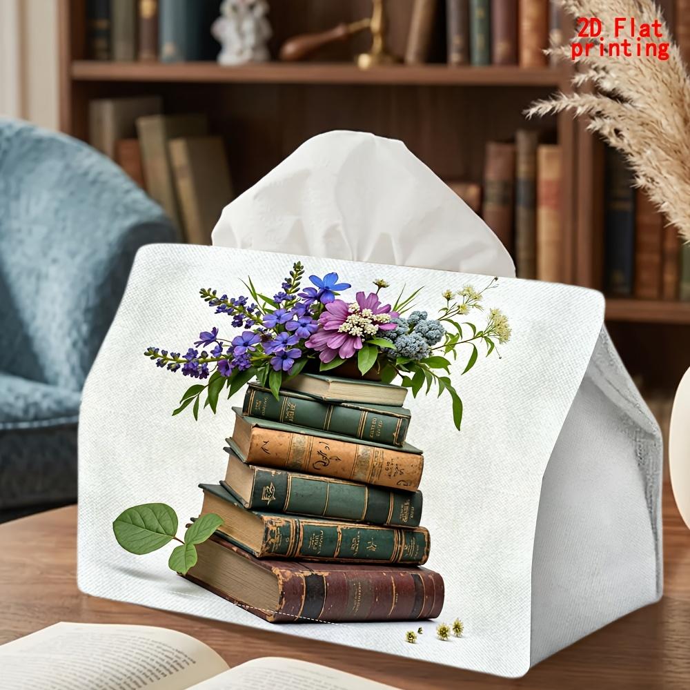 2D Flat 1pc, Tissue Box. Stack of Books and Flowers Patterned Napkin Dispenser, Reusable, Daily Desktop Tissue Storage Box. Suitable for Kitchen, Livi