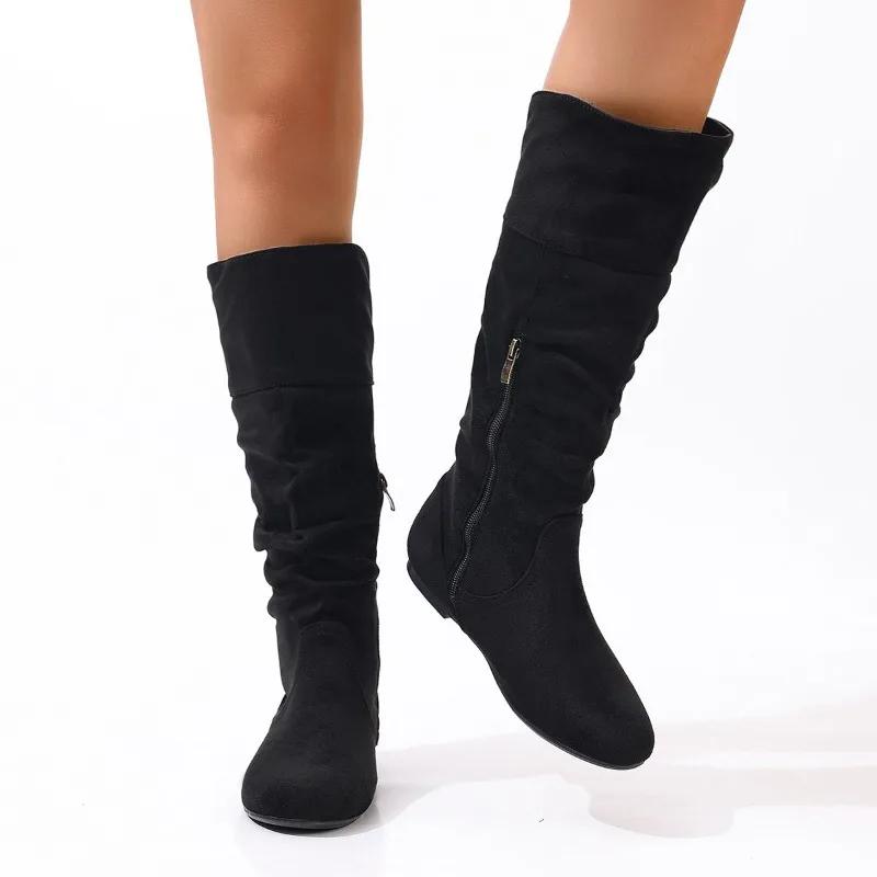 Мода 2024 года, женская обувь, высокие женские сапоги, большие размеры, современные сапоги, женские, плиссированные, с круглым носком, с боковой молнией, на низком каблуке, с пряжкой, женские