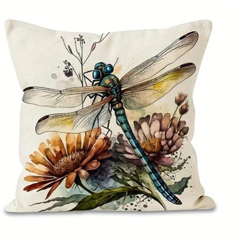 Dragonfly Floral Pattern Printing Pillowcase Living Room Sofa Chair Cushion Cover Home Bedroom Room Decoration 45x45cm