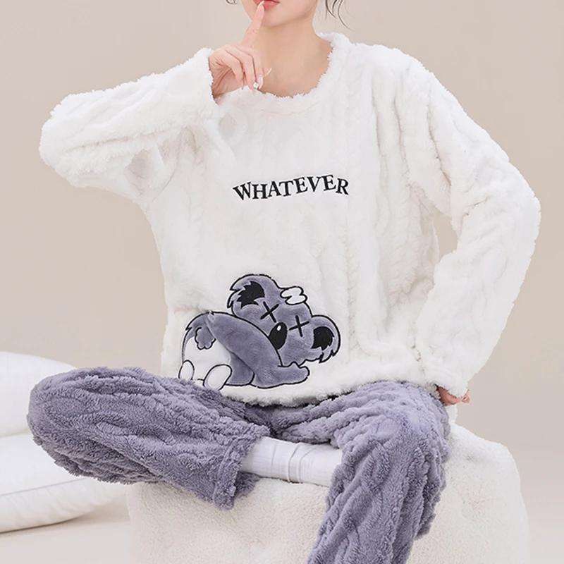 Winter Women Flannel Pajamas Polar Bear Print Teddy Sleepwear Velvet Loungewear Thick Warm Pijamas