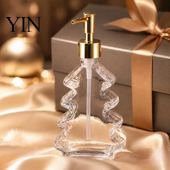 Sturdy Glass Soap Dispenser 300ml Christmas Tree Dispenser, Hand Dish with Pump, Xmas Decorative Empty Bottle for Soap, Kitchen, Bathroom Hotel Guest