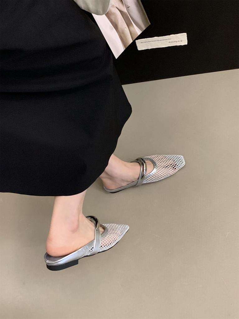 Fashion Women Mesh Ballet Flats Fishnet Ballerina Flats Buckle Strap Slip On Ballerina Shoes Summer New Mesh Beach Slides Outside Mules