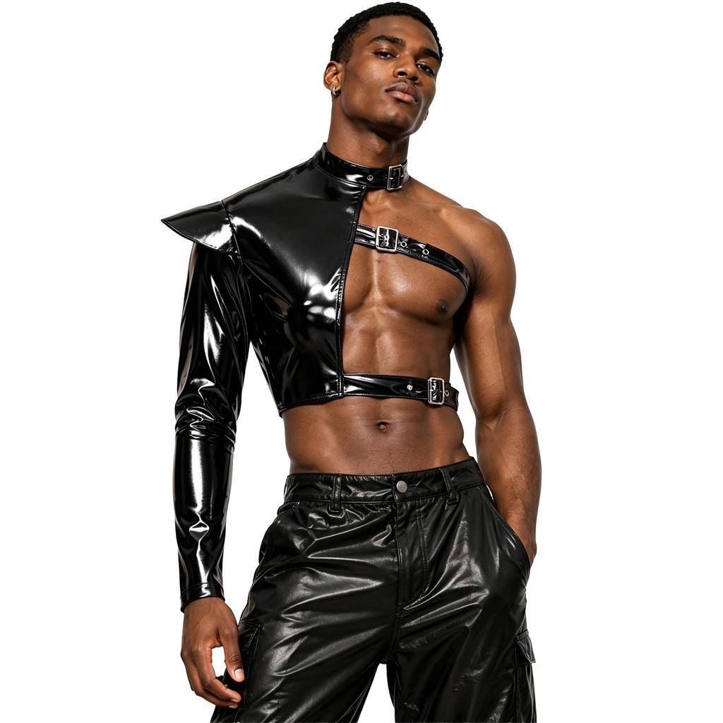 Men Shiny Metallic Asymmetrical Crop Top One Shoulder Long Sleeve Structured Epaulet Adjustable Buckles for Rave Club Stage