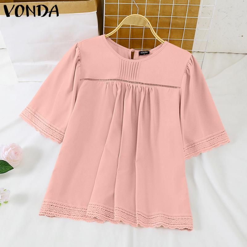 VONDA Women Summer Round Neck Lace Short Sleeve Blouses
