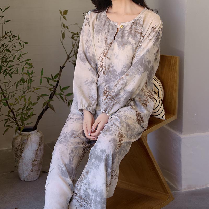 Fat mm large size cotton silk pajamas women's spring and autumn new new Chinese style loose loungewear summer cotton and silk suit