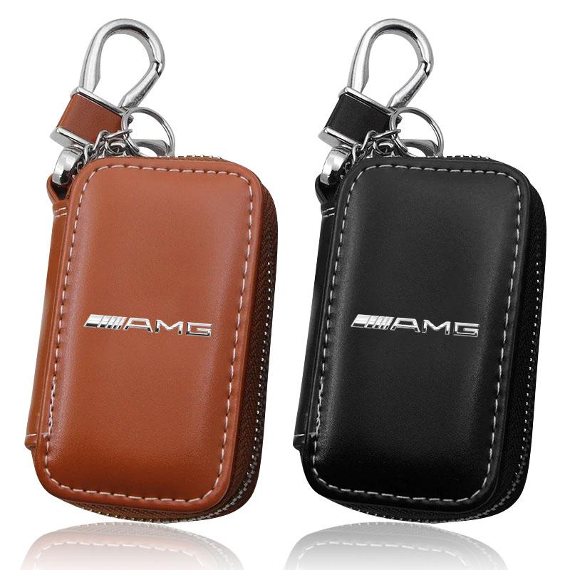 Leather Emblem Car Key Case Keychain Zipper Key Case Bag Car Accessories For Mercedes-Benz AMG C500 C200 C300 A B C E GLA CLA GLK GL ML GLE W204 W205