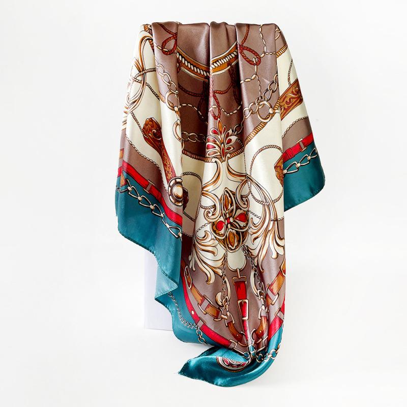 Head scarf 91cm silk scarf wholesale classic chain printed silk scarf European and American women's satin square scarf shawl