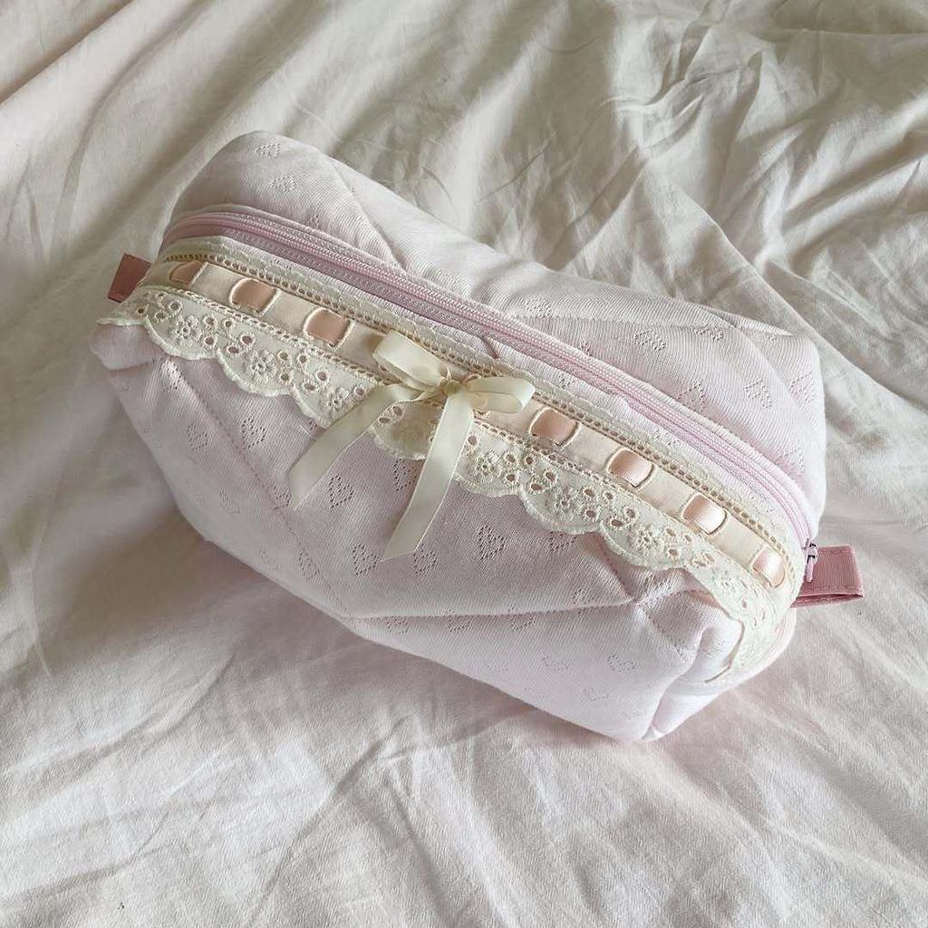 Кружевная косметичка с бантом и жемчугом - Органайзер для ухода за кожей, менструальных прокладок и туалетных принадлежностей
