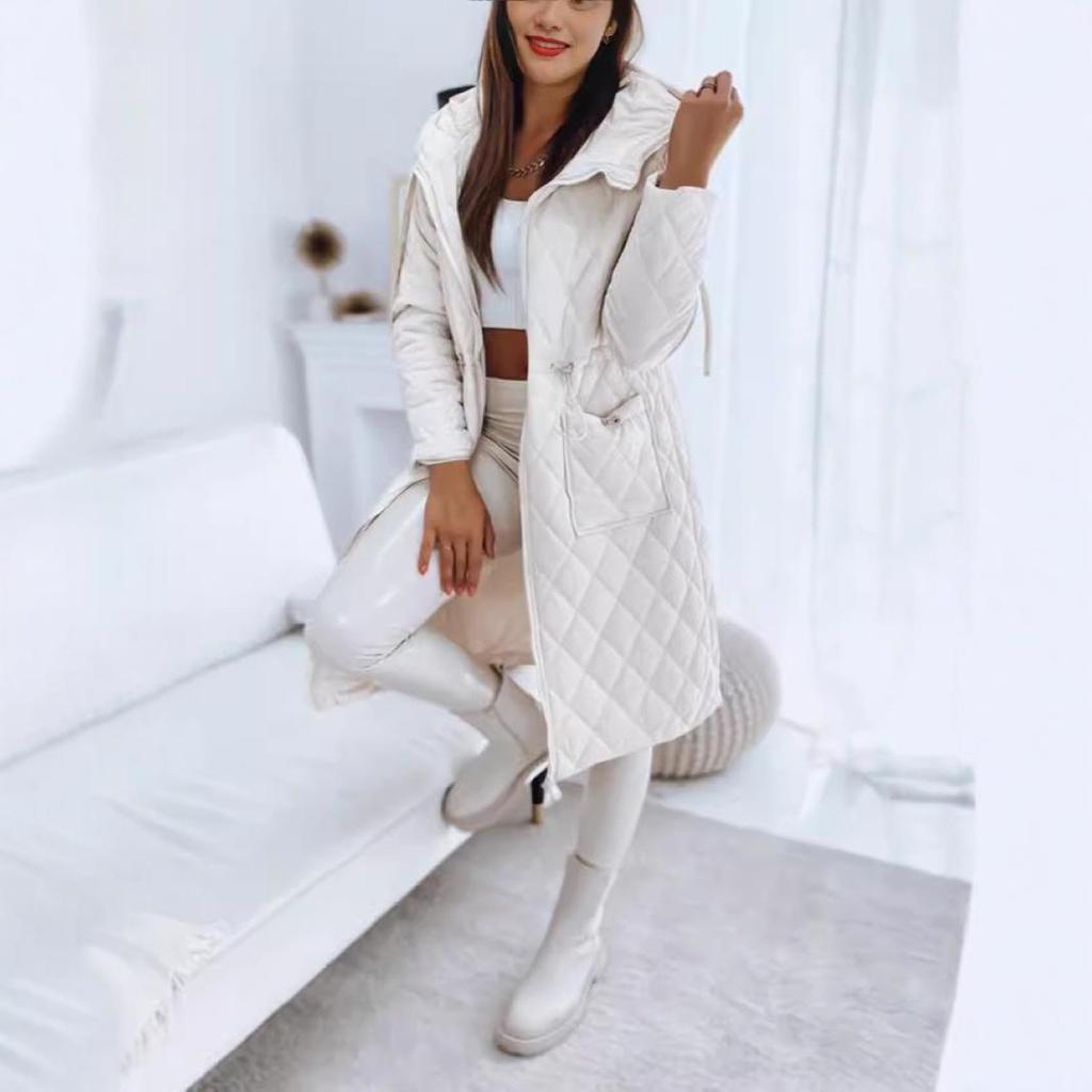 Europe, America, autumn and winter new women's clothing rhombus quilting cotton pocket long sleeve hooded cotton clothing solid color drawstrin