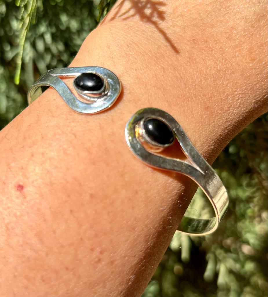 925 Sterling Silver Plated Handmade Cuff Bangle Jewelry, Adjustable, German Silver, Natural Black Onyx Gemstone, Healing Bangle