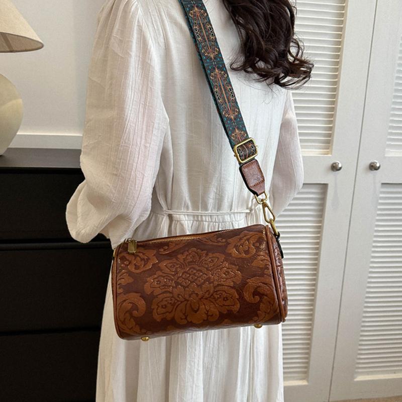 Yogodlns Винтажная сумка через плечо с цветочным тиснением в этническом стиле, цилиндрический кошелек, женская сумка на плечо с широким ремешком