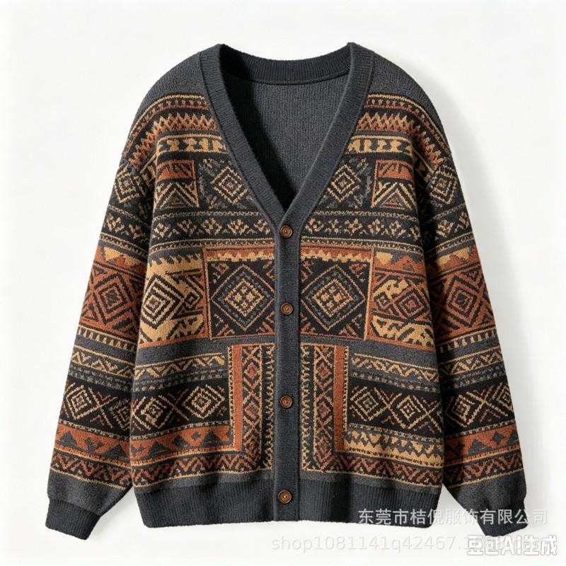 Womens V-Neck Long Sleeve Button-Up Knit Cardigan With 3D Digital Print Loose Fit Casual Outerwear Winter