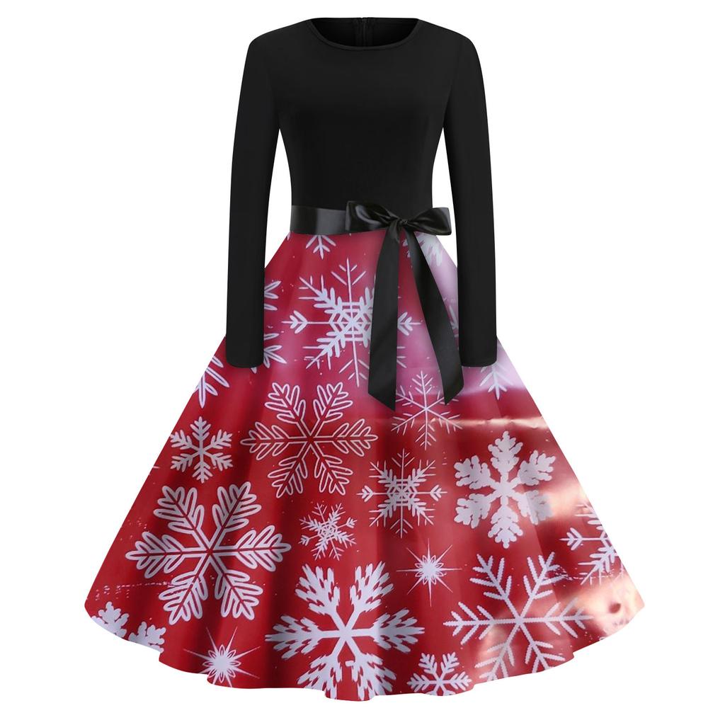 Женская мода с круглым вырезом, повседневные тонкие рождественские платья с длинным рукавом и принтом