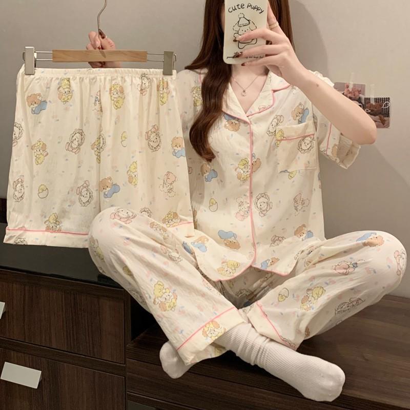 Womens Cloud Cotton Pajama Set Short Sleeve Bow Loose Loungewear 3pcs