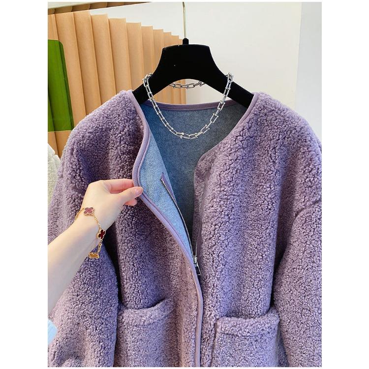 Advanced Sense Purple Lamb Fur Coat Women Autumn Winter Loose Thickened Leather Fur Integrated Lamb Wool Top