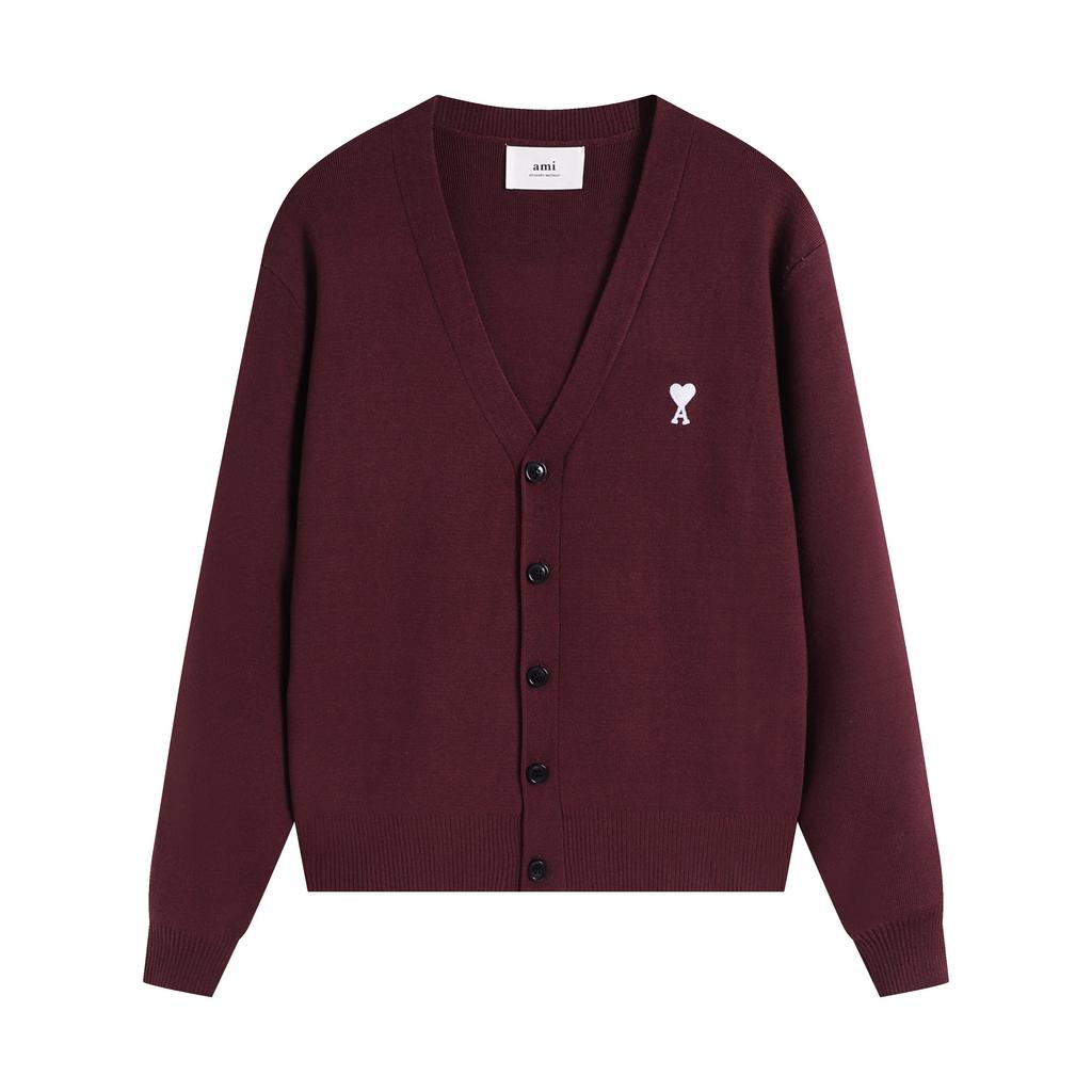 AMI Autumn and Winter New Little White Heart Alpaca Wool Blended Soft and Sticky Knitted Cardigan Round Neck Cloud Sweater Pocket Coat