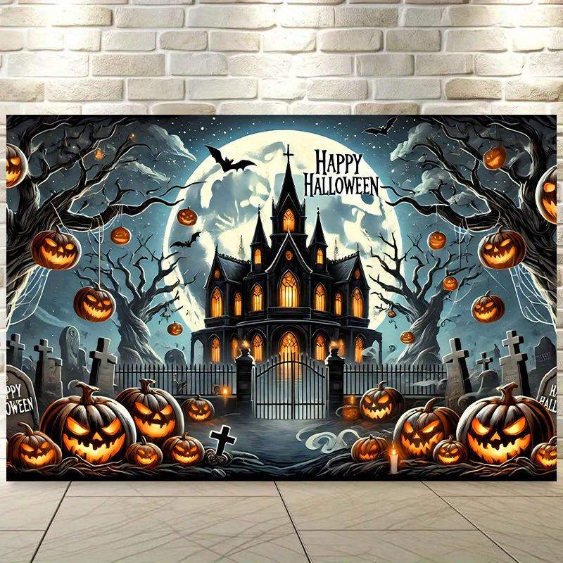 1. A terrifying Halloween-themed background banner - made of polyester fabric featuring a full moon and bats