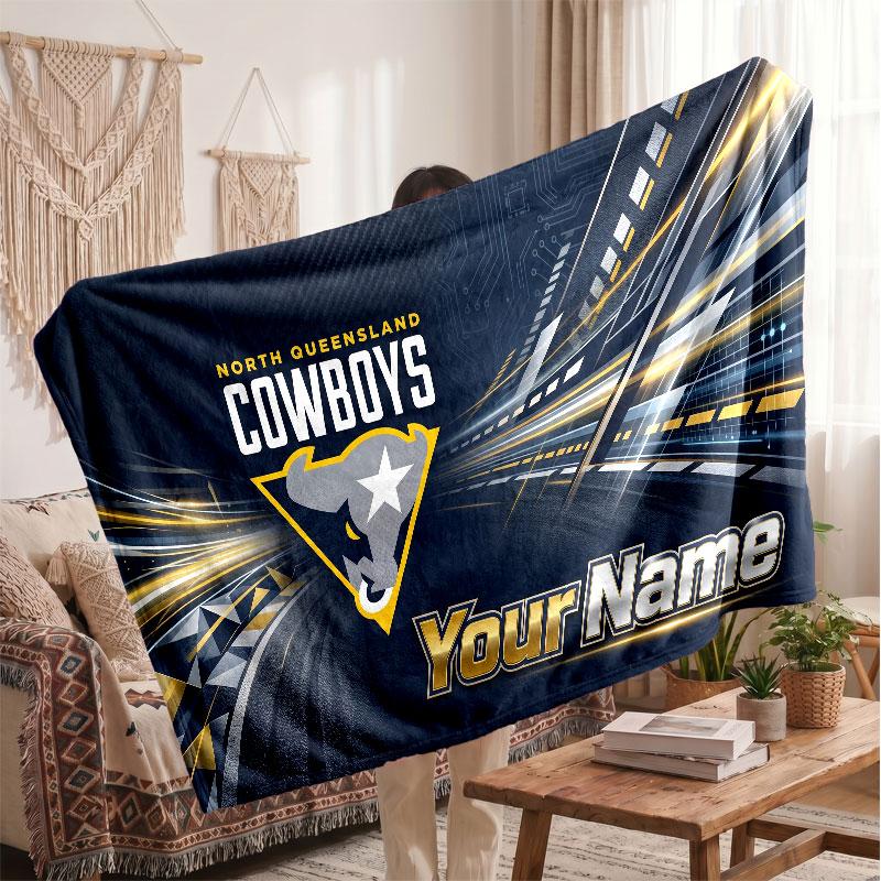 North Queensland Cowboys Flannel Blanket, Custom Name Text Personalized Soft Throw Blanket Home Decor Gift