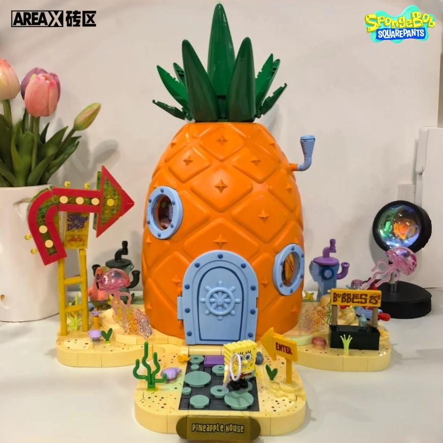 Areax Spongebob Squarepants Series Crab Burger King Restaurant Pineapple House Building Blocks Toy Collection Model Gift